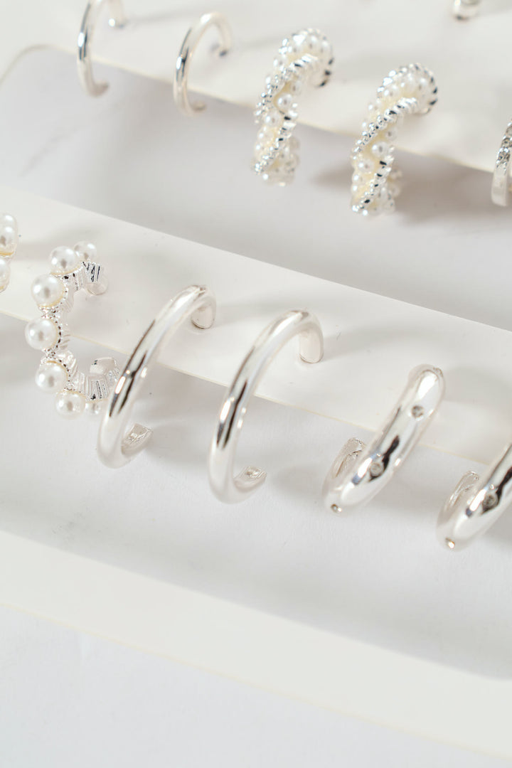 9 Pack Stud Faux Pearl Bead Hoop Earrings - Silver