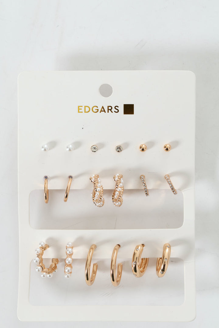 9 Pack Stud & Faux Pearl Bead Hoop Earrings - Gold