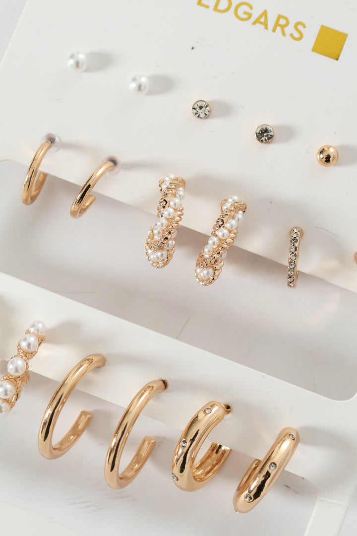 9 Pack Stud & Faux Pearl Bead Hoop Earrings - Gold