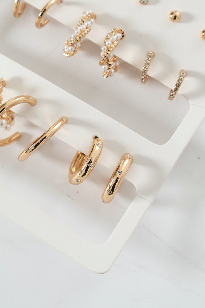 9 Pack Stud & Faux Pearl Bead Hoop Earrings - Gold