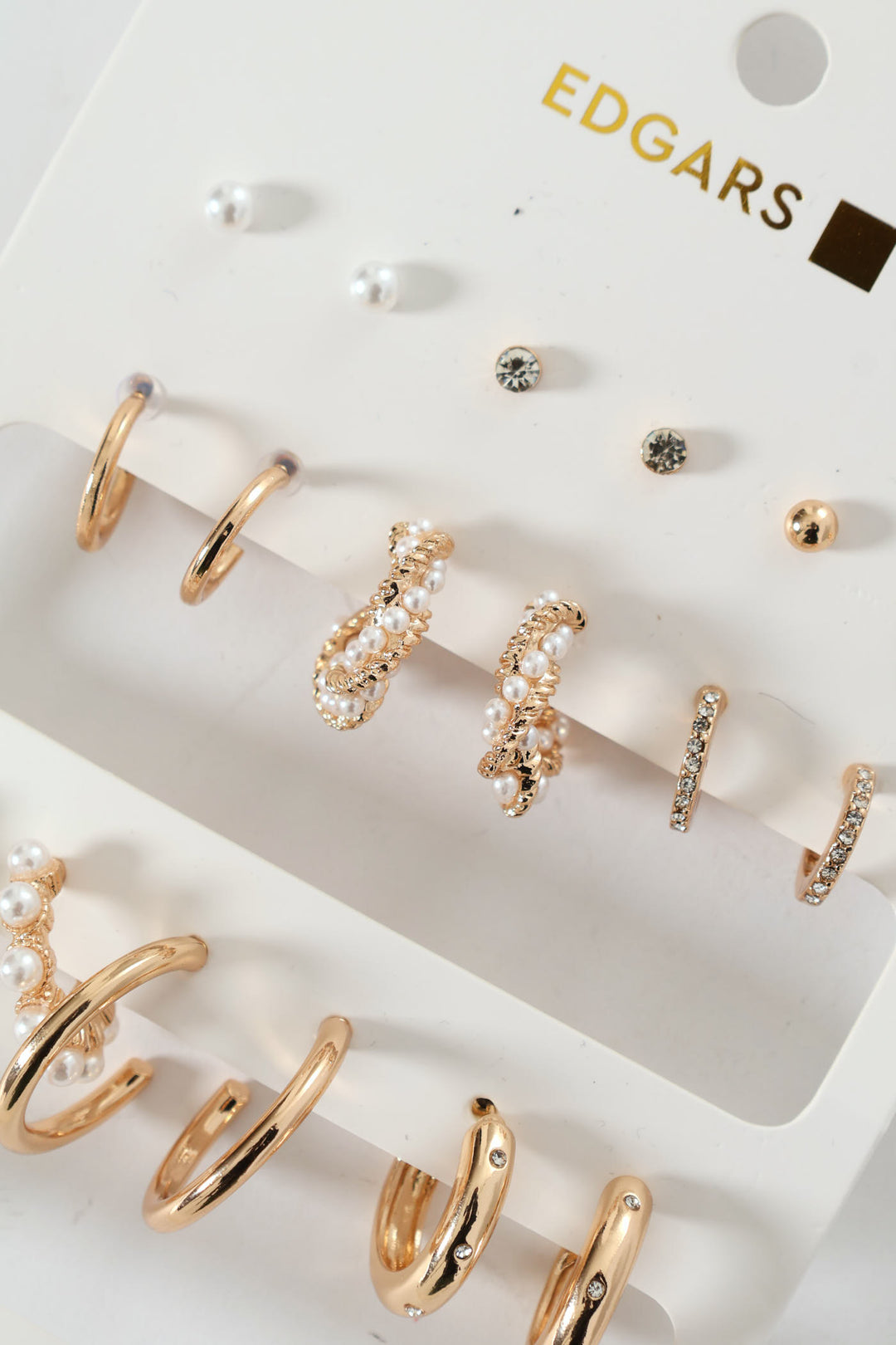 9 Pack Stud & Faux Pearl Bead Hoop Earrings - Gold