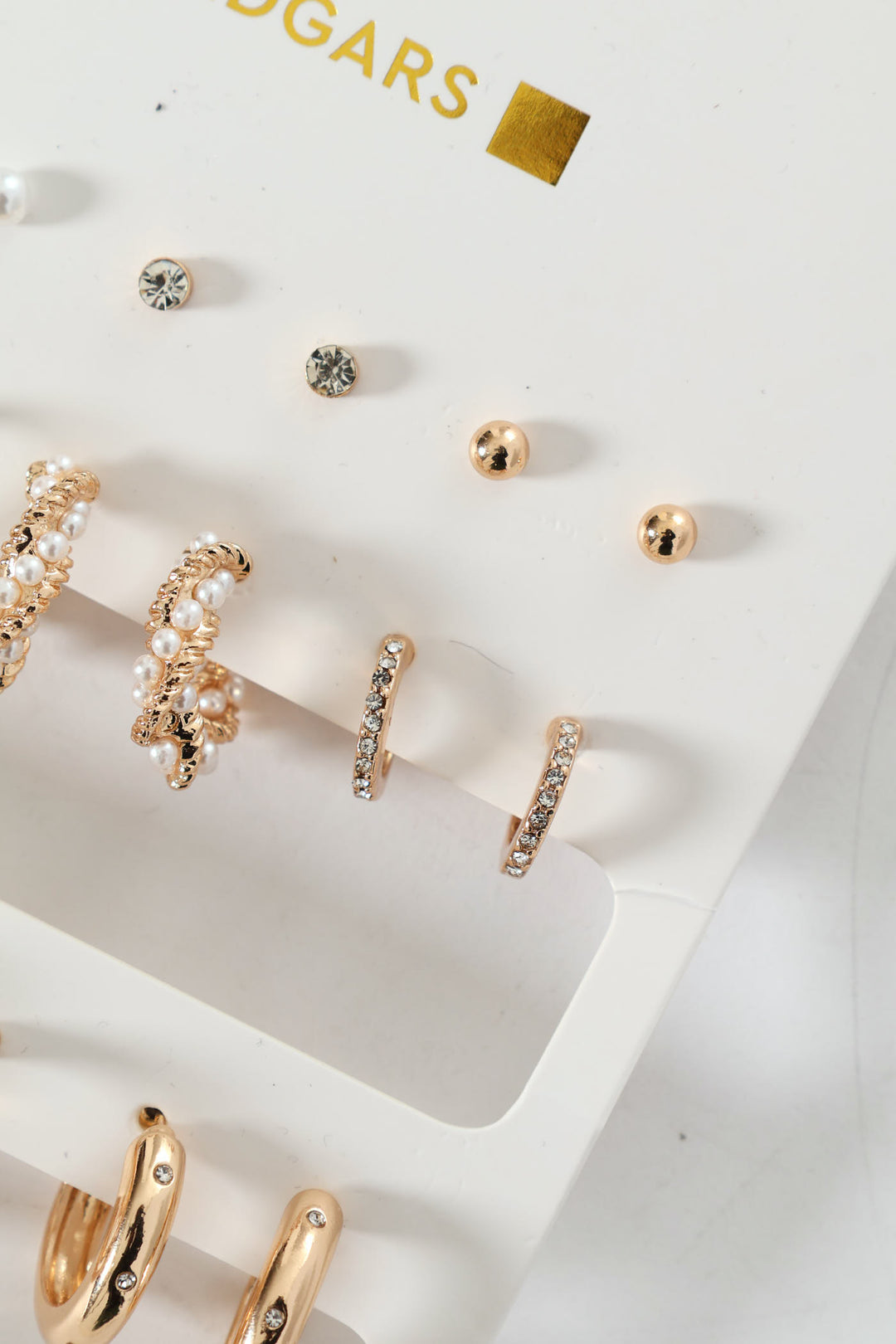 9 Pack Stud & Faux Pearl Bead Hoop Earrings - Gold