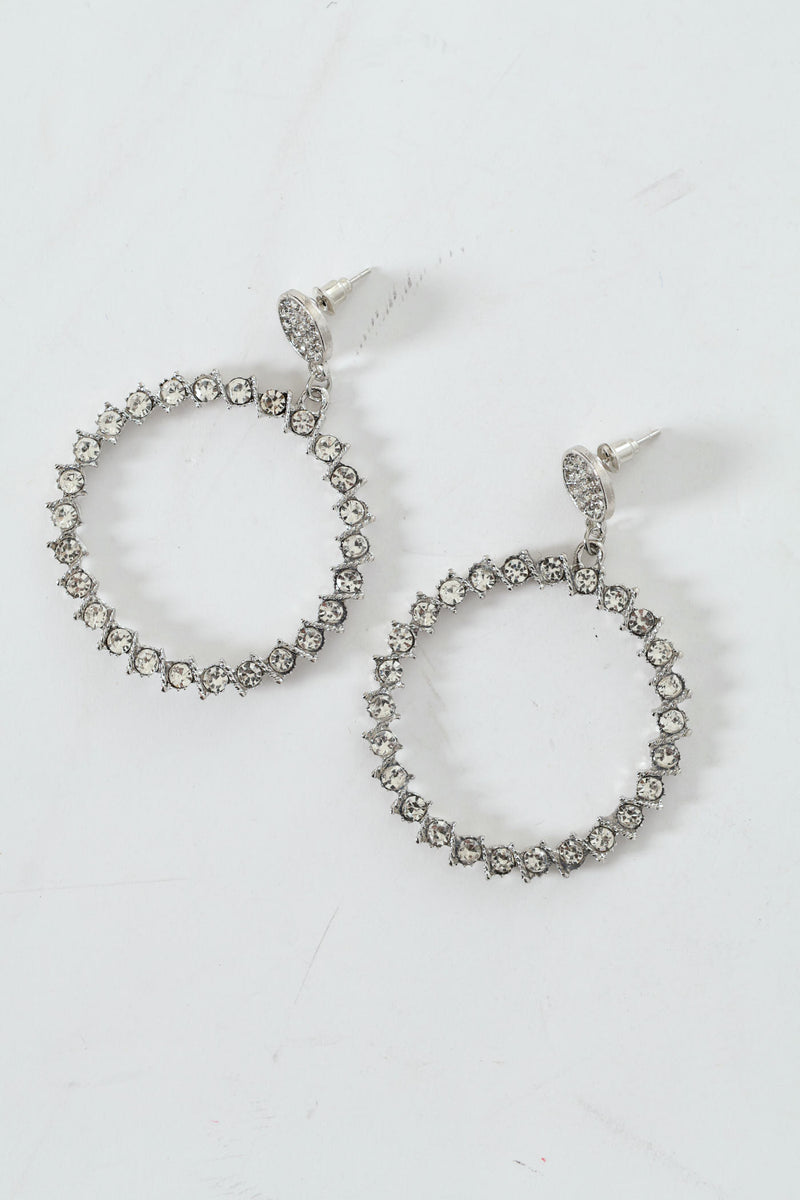 Round Stone Drop Earrings - Silver