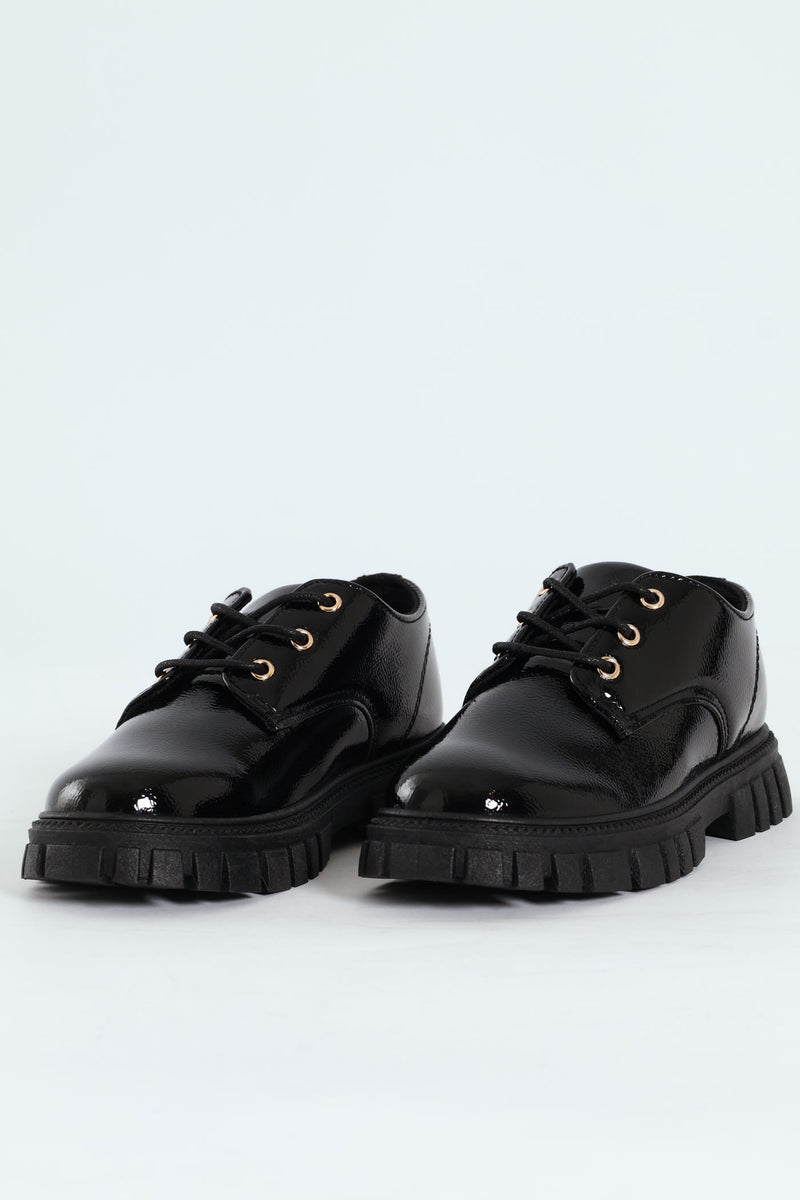 Girls Patent Lace Up Shoe - Black