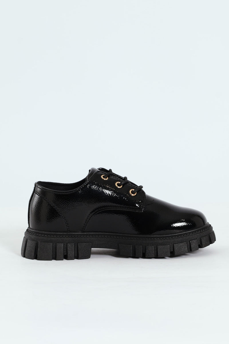 Girls Patent Lace Up Shoe - Black