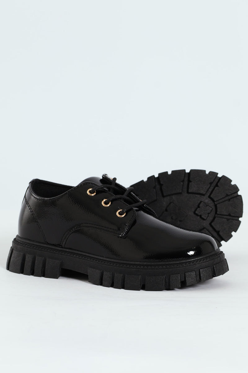Girls Patent Lace Up Shoe - Black