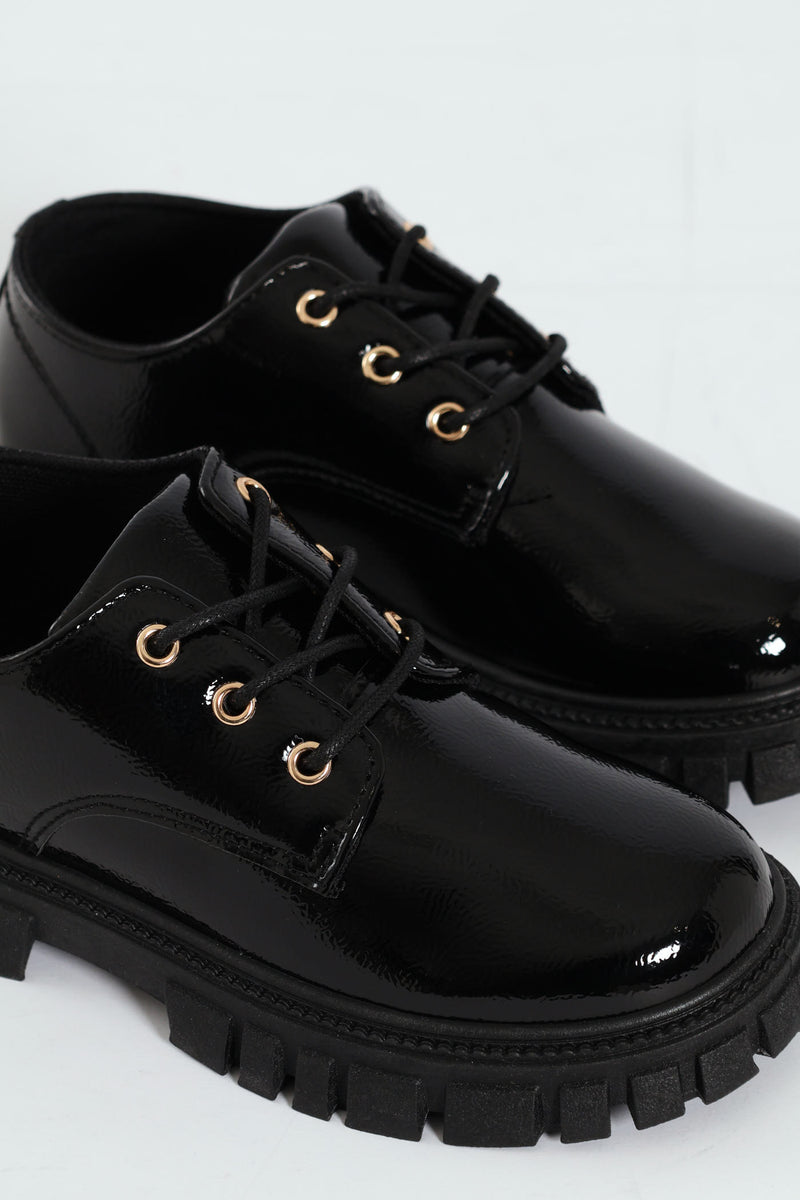 Girls Patent Lace Up Shoe - Black