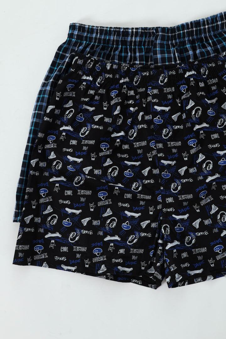 Boys 2 Pack Woven Check Skate Boxers - Navy