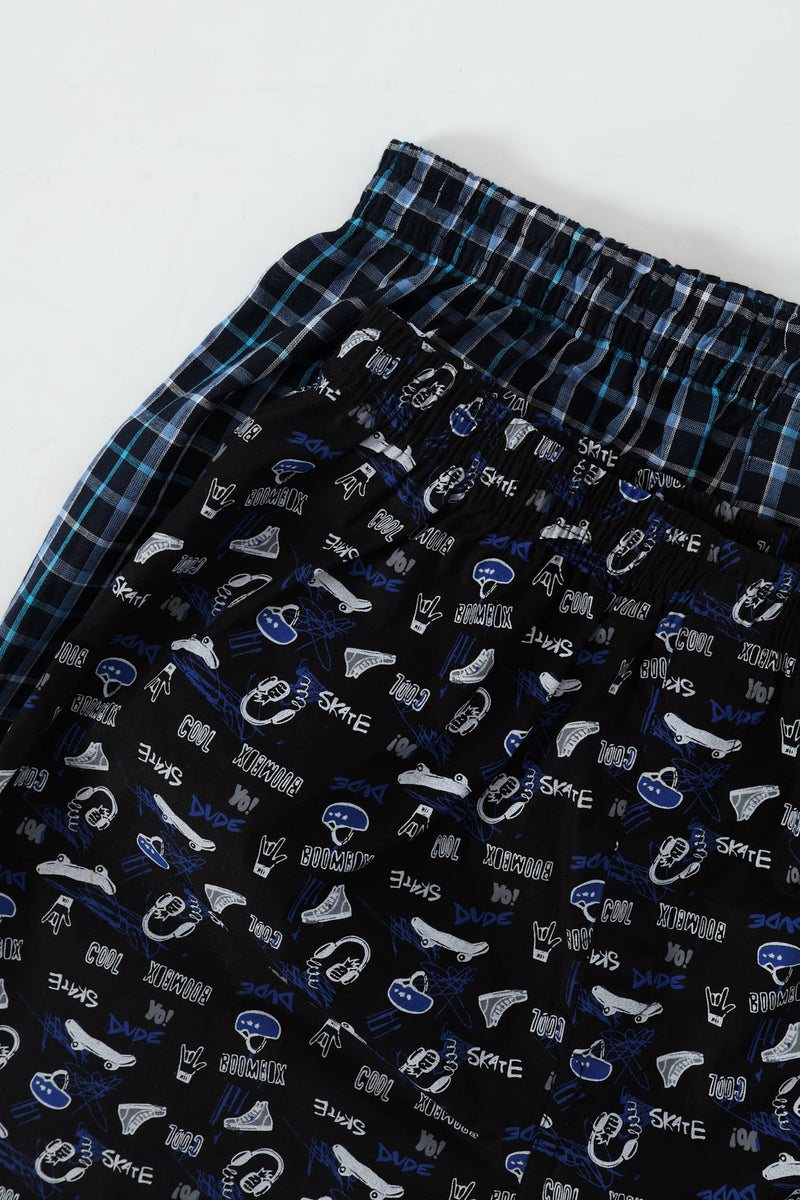 Boys 2 Pack Woven Check Skate Boxers - Navy