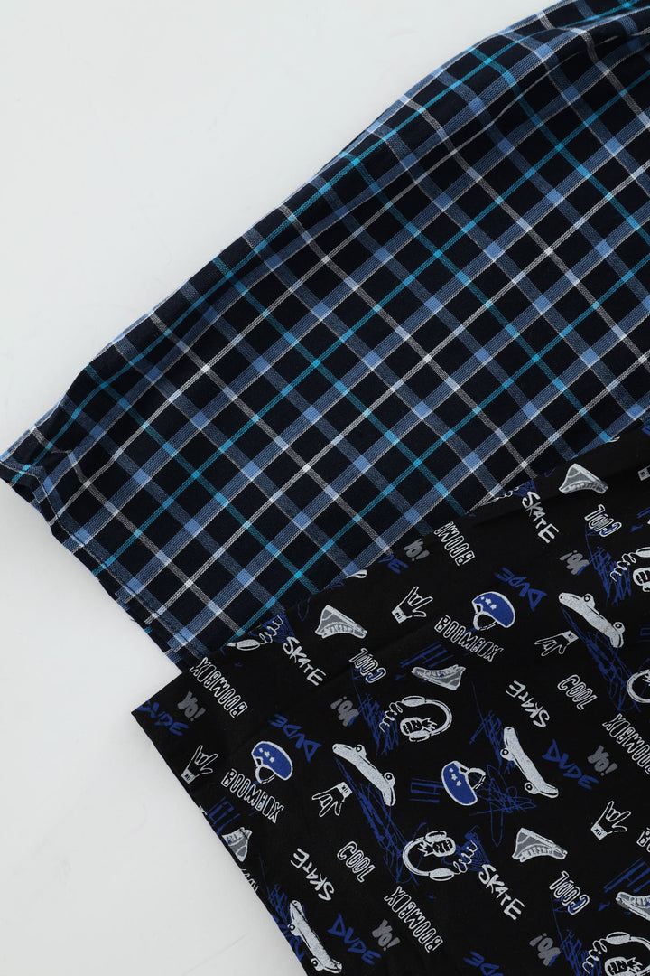 Boys 2 Pack Woven Check Skate Boxers - Navy