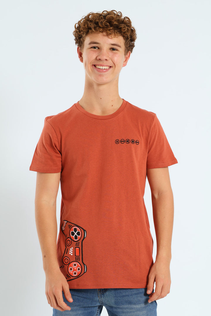 Boys Back Print Gamer Tee - Rust