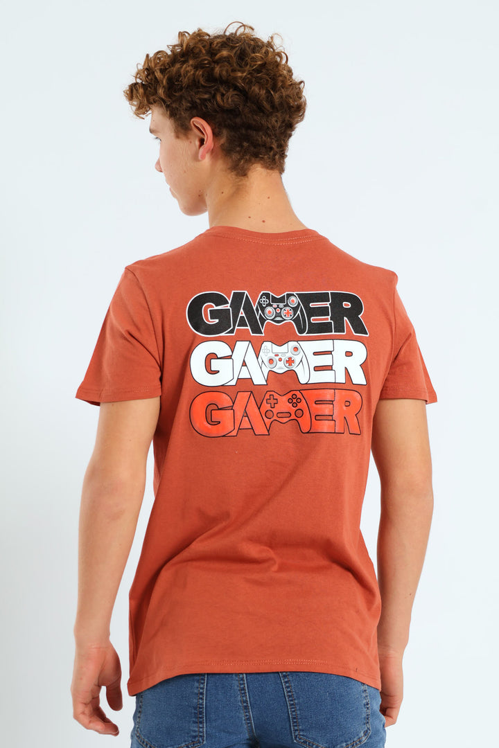 Boys Back Print Gamer Tee - Rust