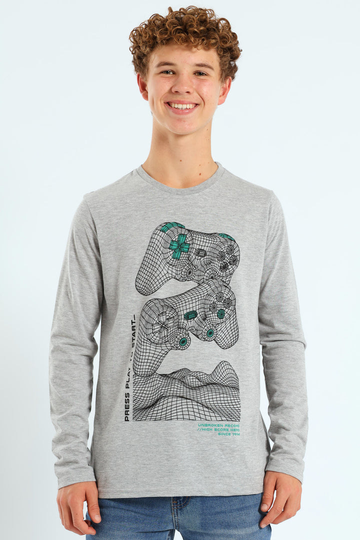 Boys 2 Pack Long Sleeve Gamer & Soccer Tees - Grey Melange/Black