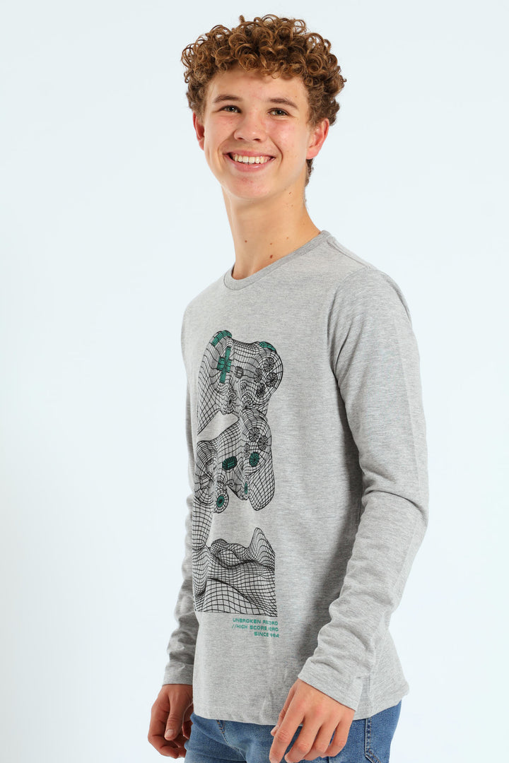 Boys 2 Pack Long Sleeve Gamer & Soccer Tees - Grey Melange/Black