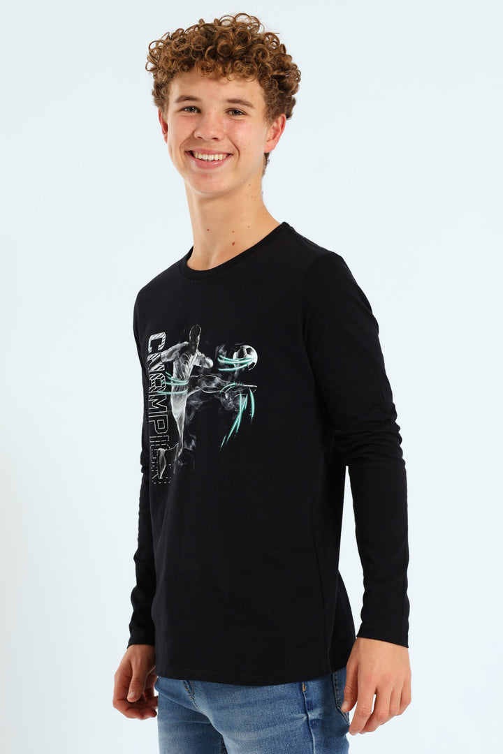 Boys 2 Pack Long Sleeve Gamer & Soccer Tees - Grey Melange/Black