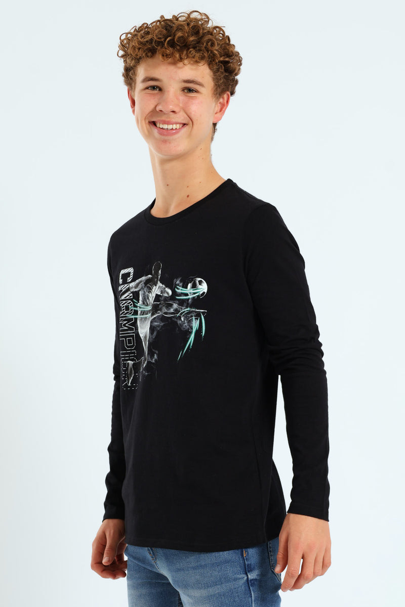 Boys 2 Pack Long Sleeve Gamer & Soccer Tees - Grey Melange/Black
