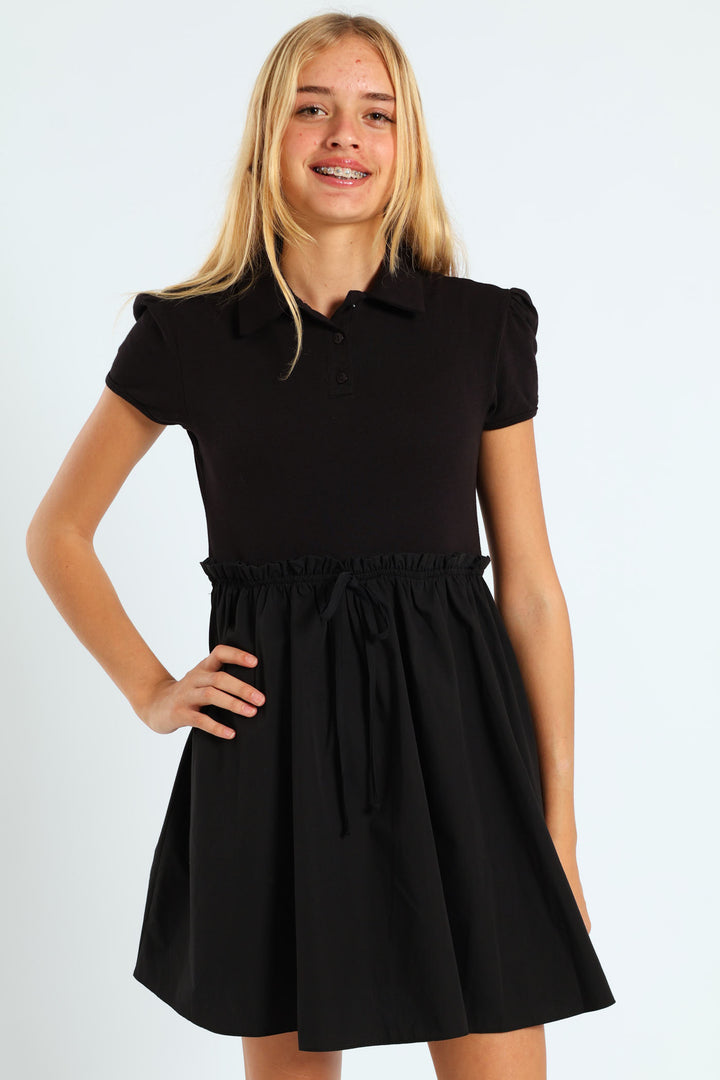 Girls Combo Knit Golfer Dress - Black