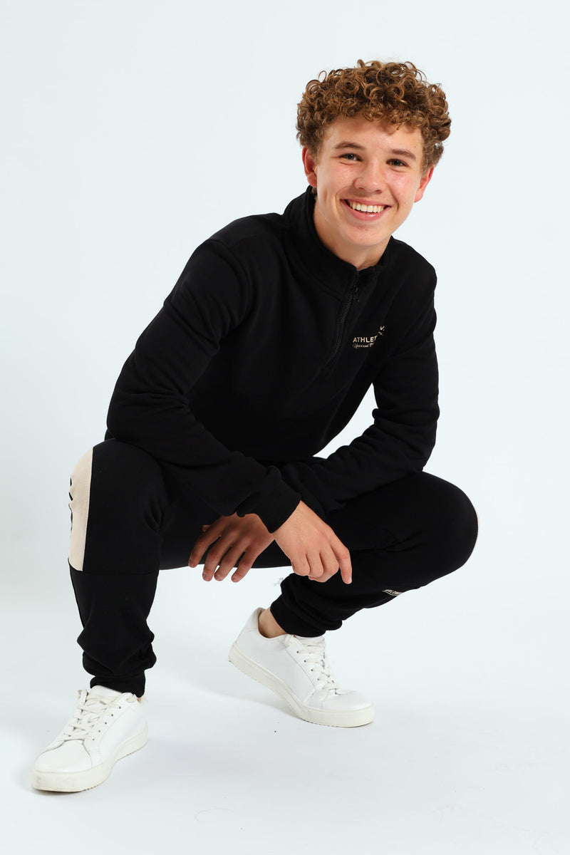 Boys Quarter Zip Silicone Athletics Back Print Fleece Top - Black