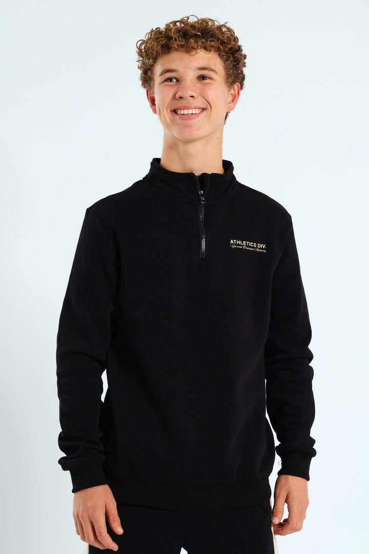 Boys Quarter Zip Silicone Athletics Back Print Fleece Top - Black