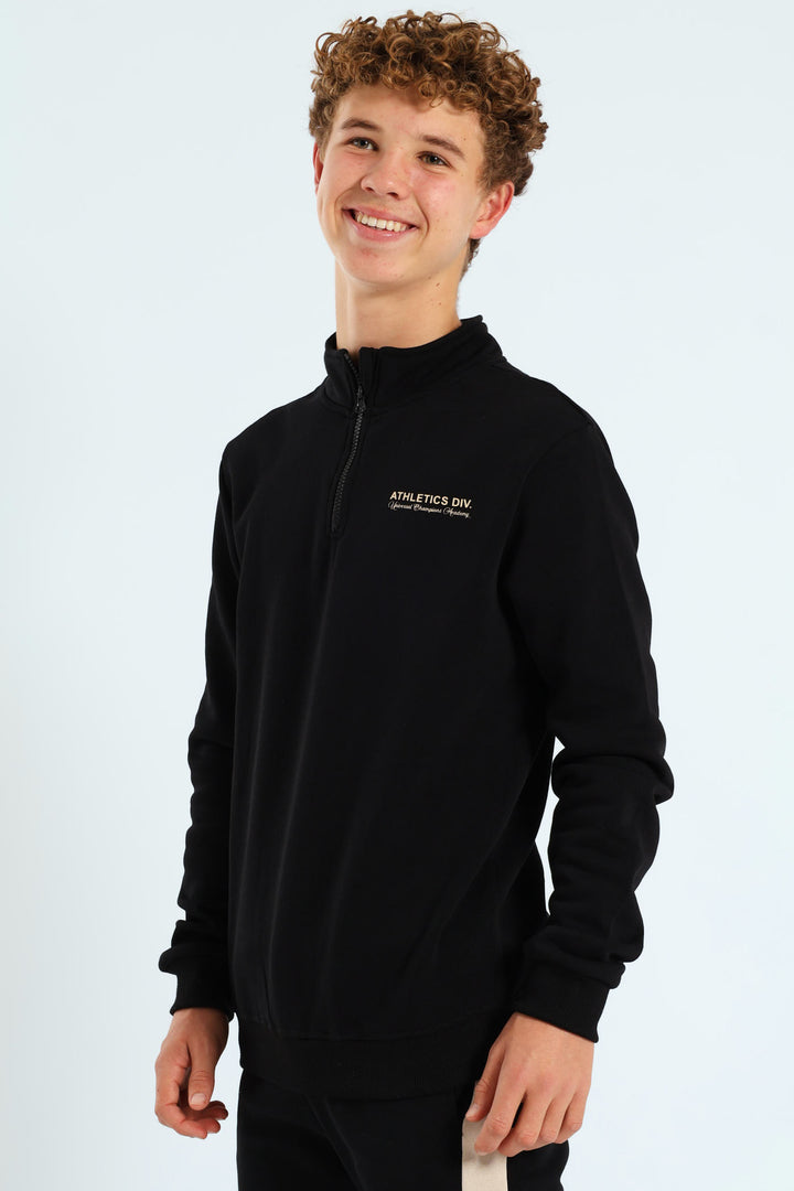 Boys Quarter Zip Silicone Athletics Back Print Fleece Top - Black