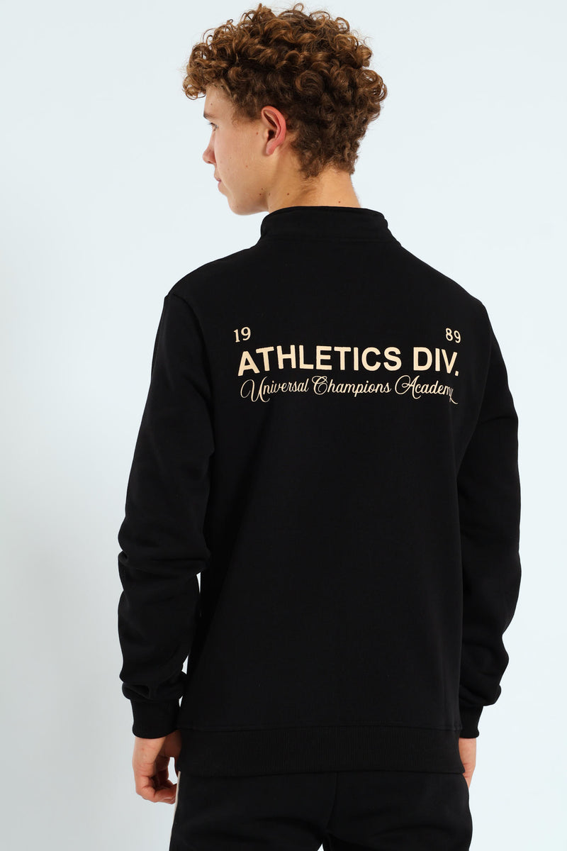 Boys Quarter Zip Silicone Athletics Back Print Fleece Top - Black