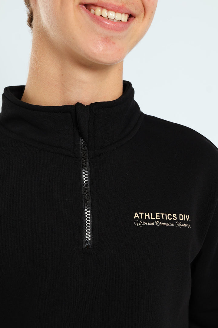 Boys Quarter Zip Silicone Athletics Back Print Fleece Top - Black