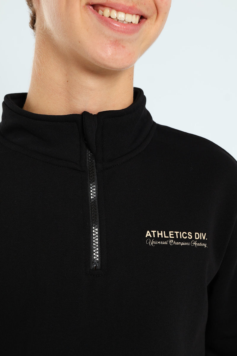 Boys Quarter Zip Silicone Athletics Back Print Fleece Top - Black