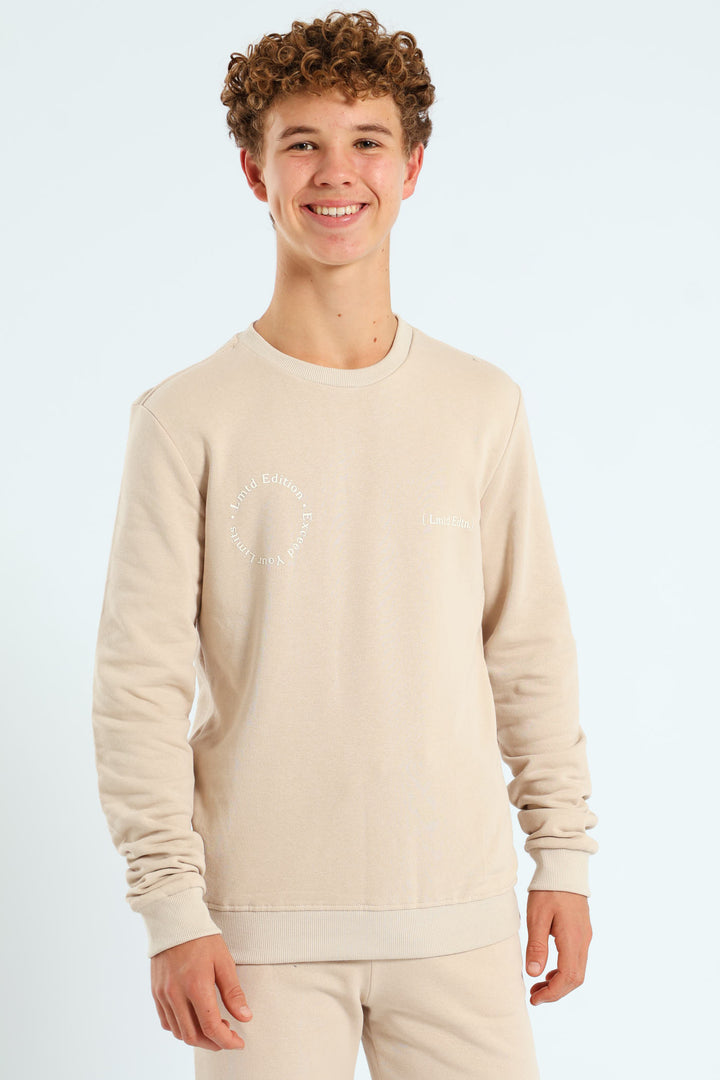 Boys Silicone Back Print Fleece Crew Top  - Stone