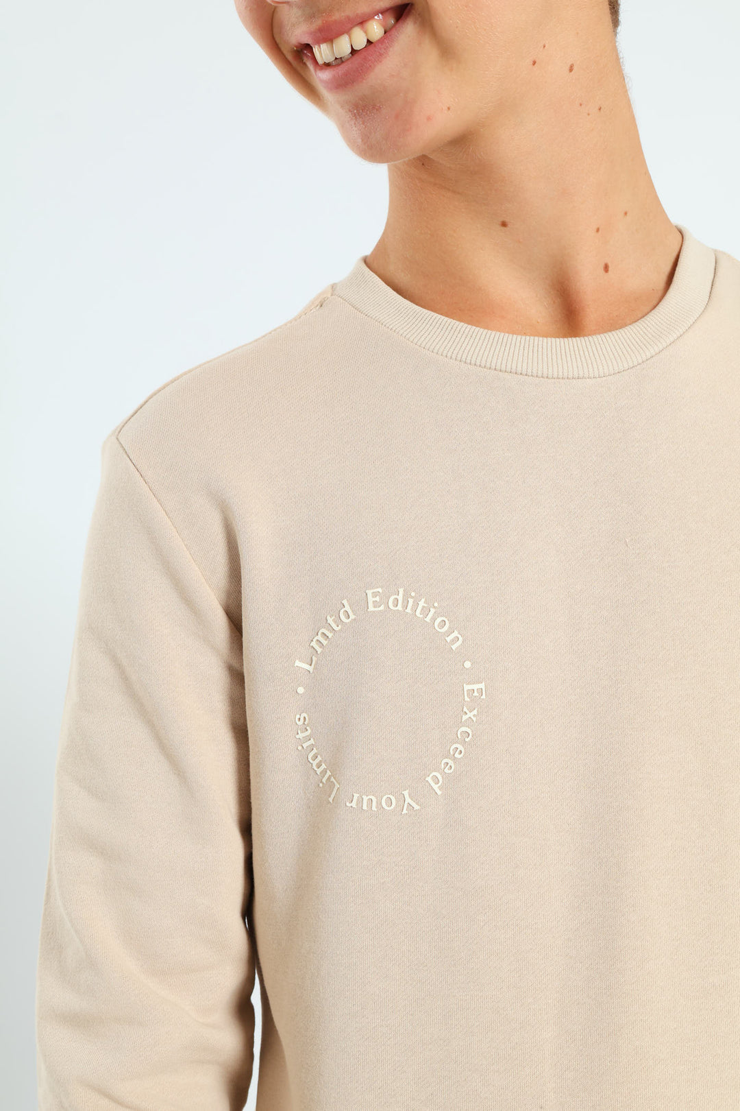 Boys Silicone Back Print Fleece Crew Top  - Stone