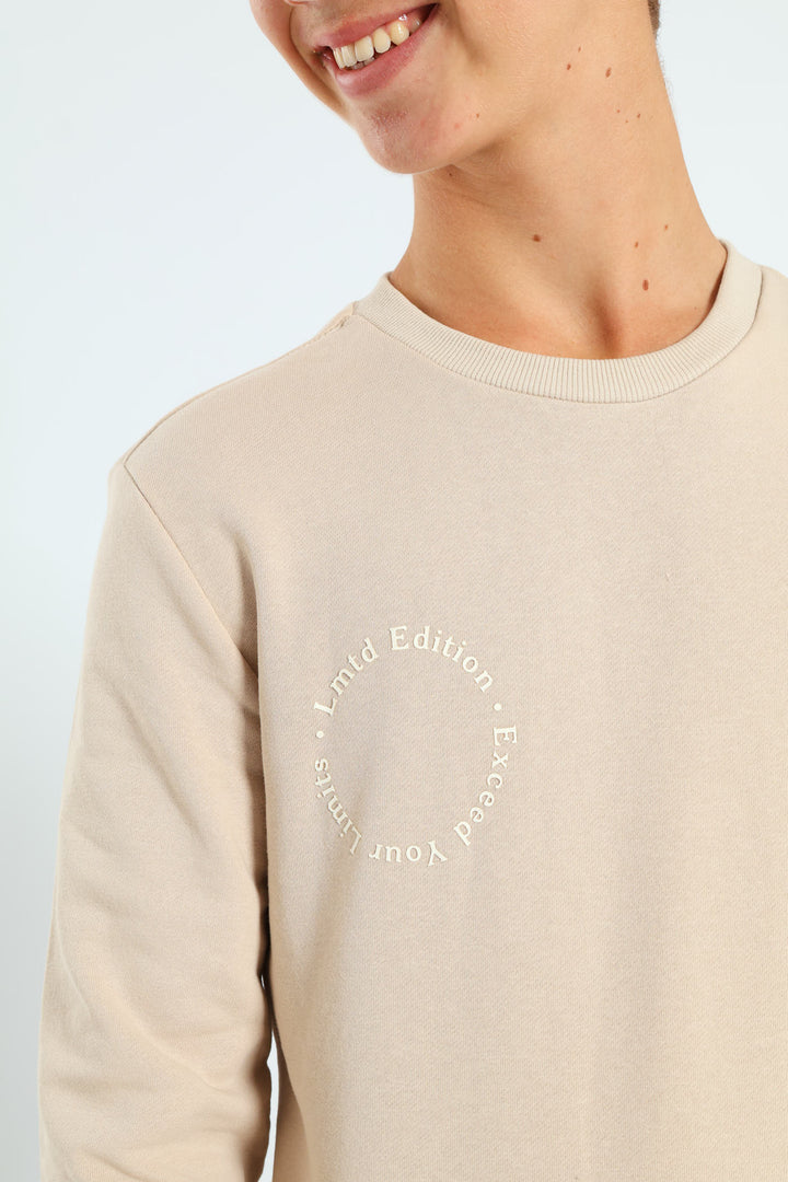 Boys Silicone Back Print Fleece Crew Top  - Stone