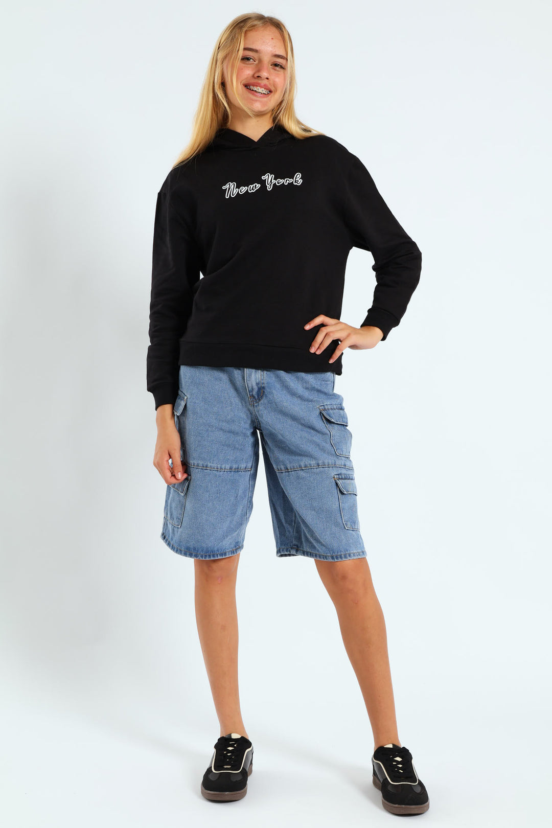 Girls New York Oversized Hoodie - Black