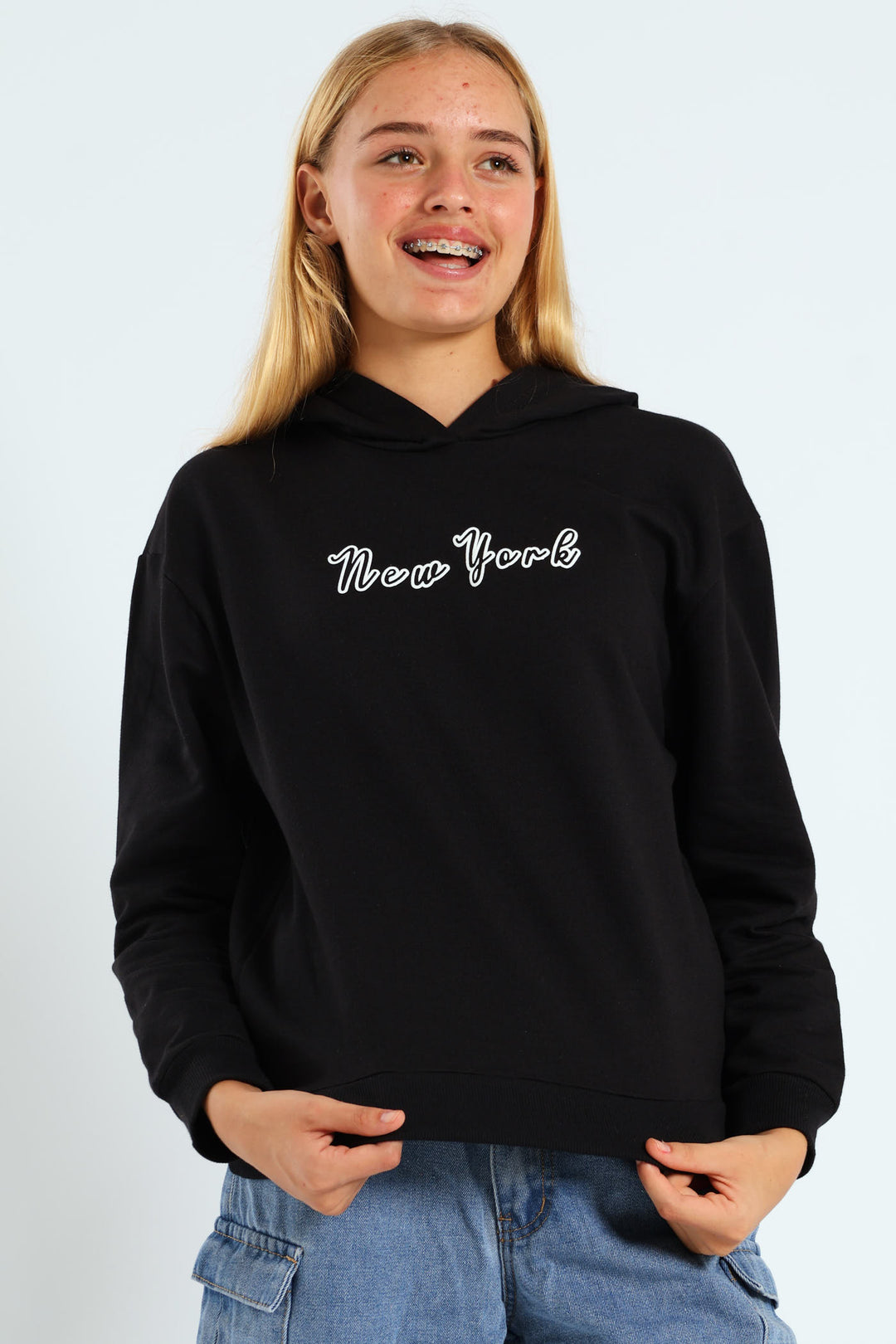 Girls New York Oversized Hoodie - Black