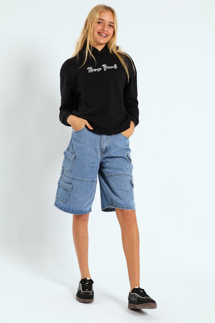 Girls Cargo Denim Jorts - Mid Blue