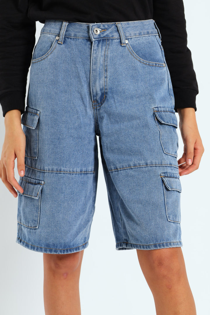 Girls Cargo Denim Jorts - Mid Blue
