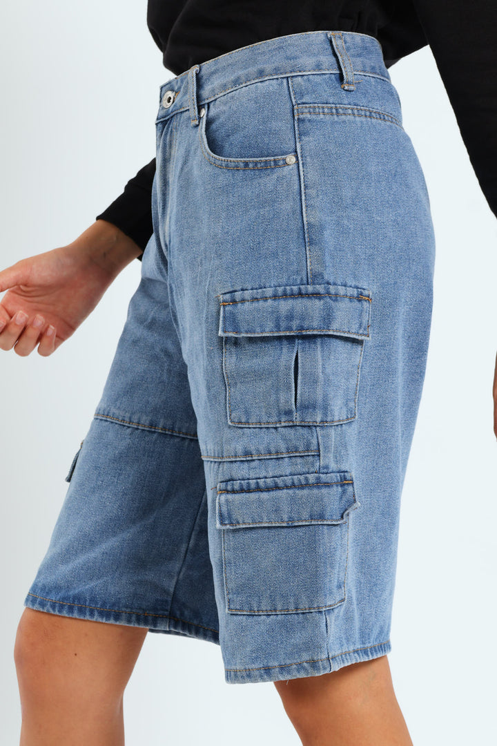 Girls Cargo Denim Jorts - Mid Blue