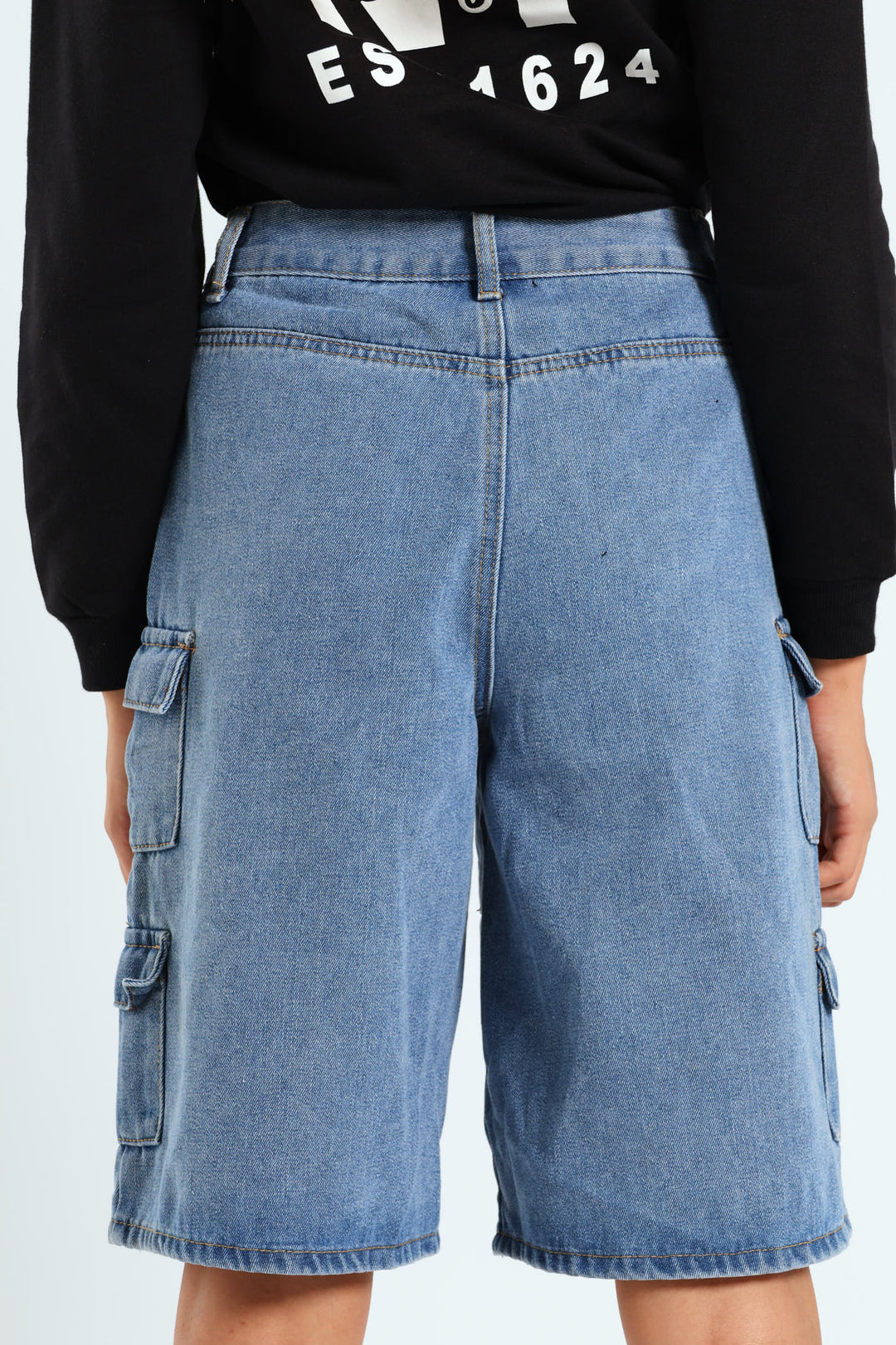 Girls Cargo Denim Jorts - Mid Blue