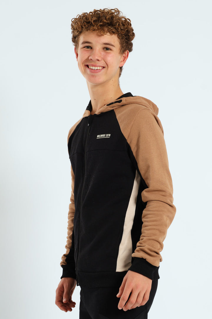 Boys Colourblock Zip Through Hoodie - Black/Tan
