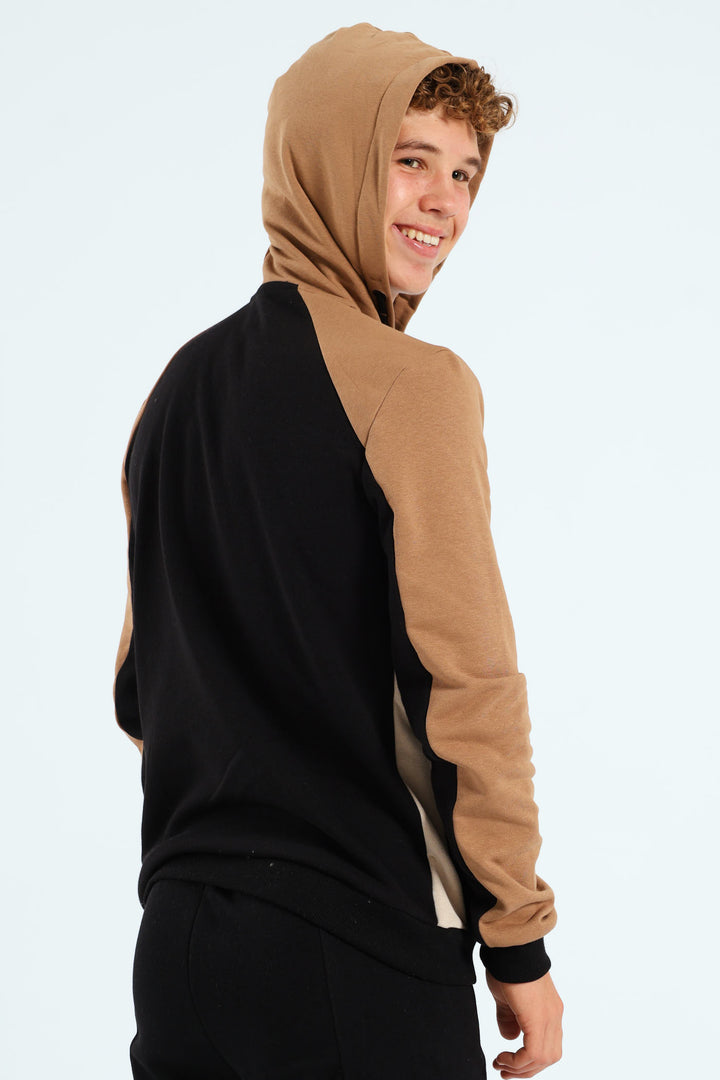 Boys Colourblock Zip Through Hoodie - Black/Tan