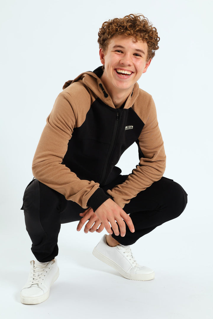 Boys Colourblock Zip Through Hoodie - Black/Tan