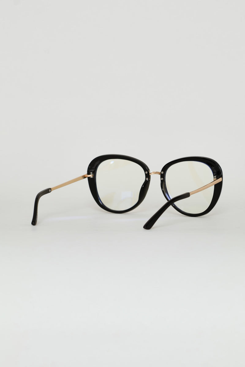 Gold Temple Rounded Cateye Glasses - Black