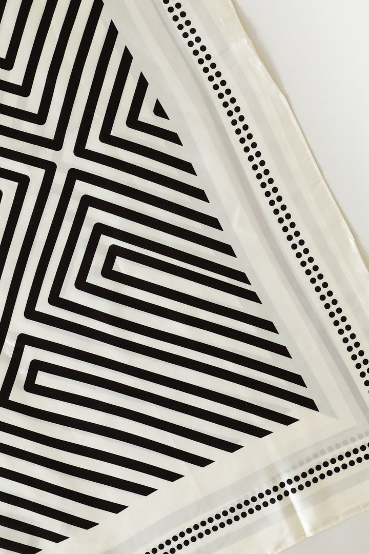 Linear Border Satin Feel Scarf - White/Black