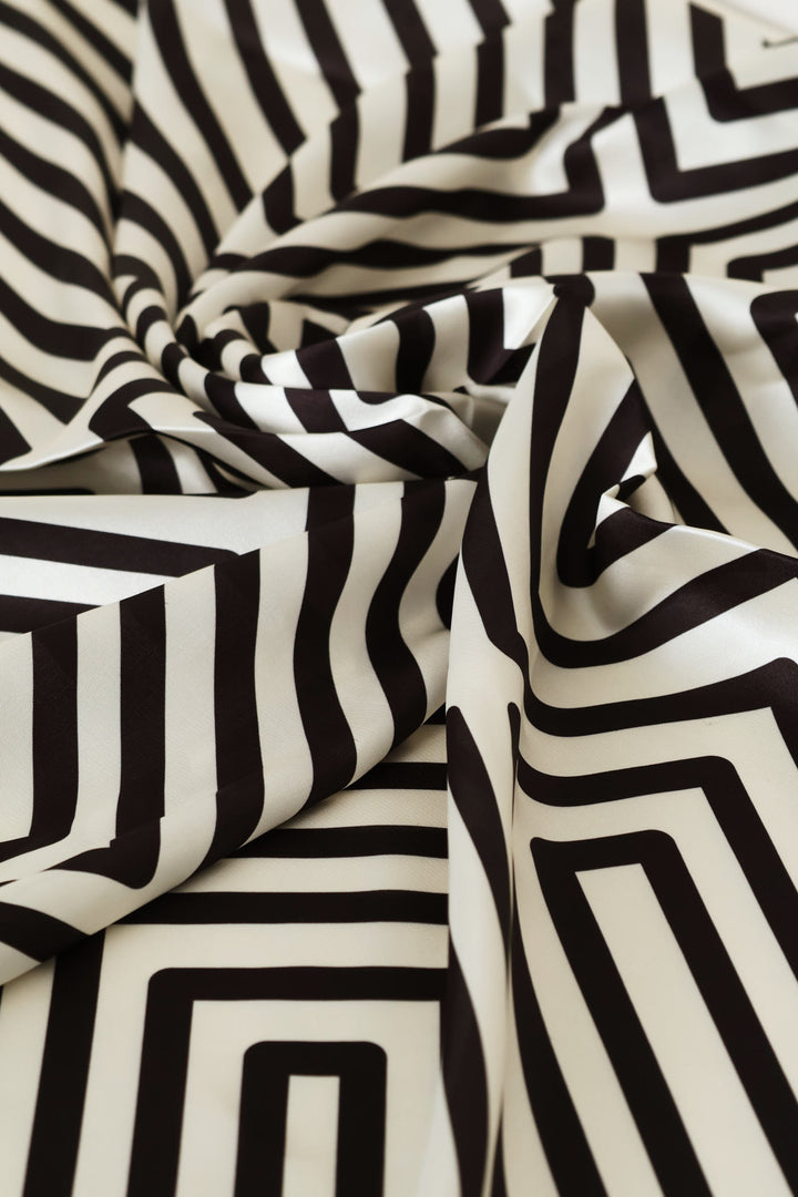 Linear Border Satin Feel Scarf - White/Black