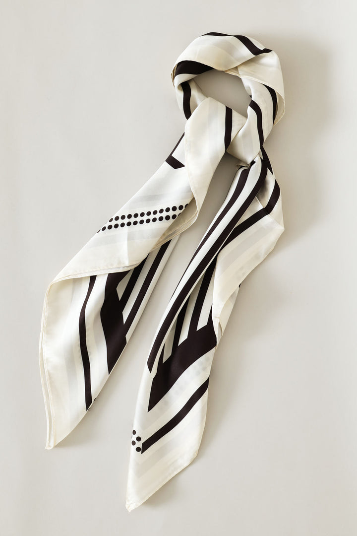 Linear Border Satin Feel Scarf - White/Black