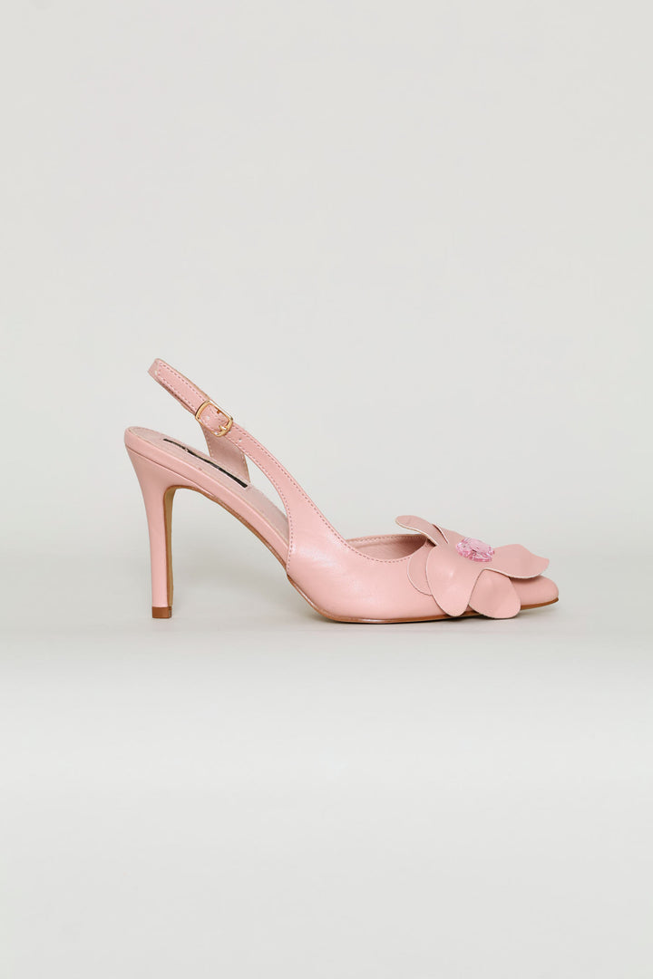 Flower Diamante Trim Pointed Toe Stiletto Mule Heel - Dusty Pink