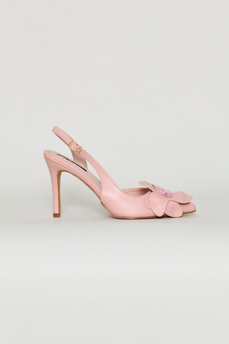 Flower Diamante Trim Pointed Toe Stiletto Mule Heel - Dusty Pink