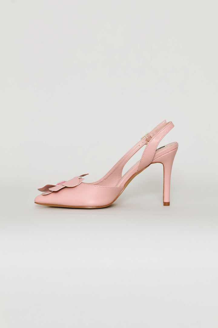 Flower Diamante Trim Pointed Toe Stiletto Mule Heel - Dusty Pink