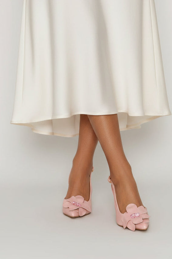 Flower Diamante Trim Pointed Toe Stiletto Mule Heel - Dusty Pink