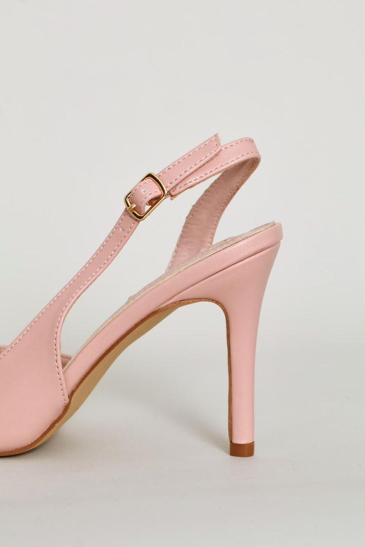 Flower Diamante Trim Pointed Toe Stiletto Mule Heel - Dusty Pink