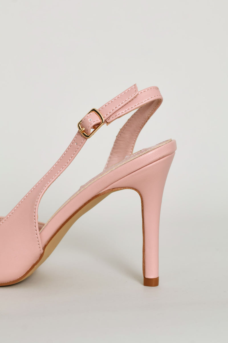 Flower Diamante Trim Pointed Toe Stiletto Mule Heel - Dusty Pink