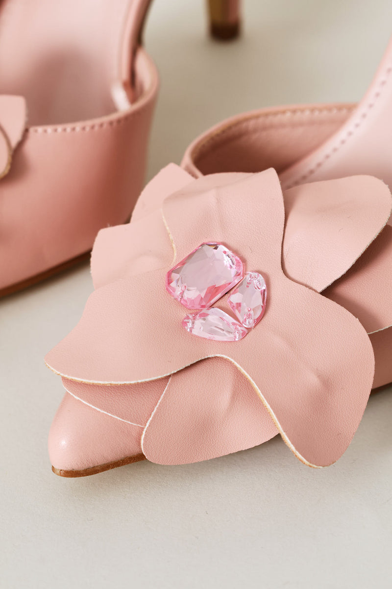 Flower Diamante Trim Pointed Toe Stiletto Mule Heel - Dusty Pink
